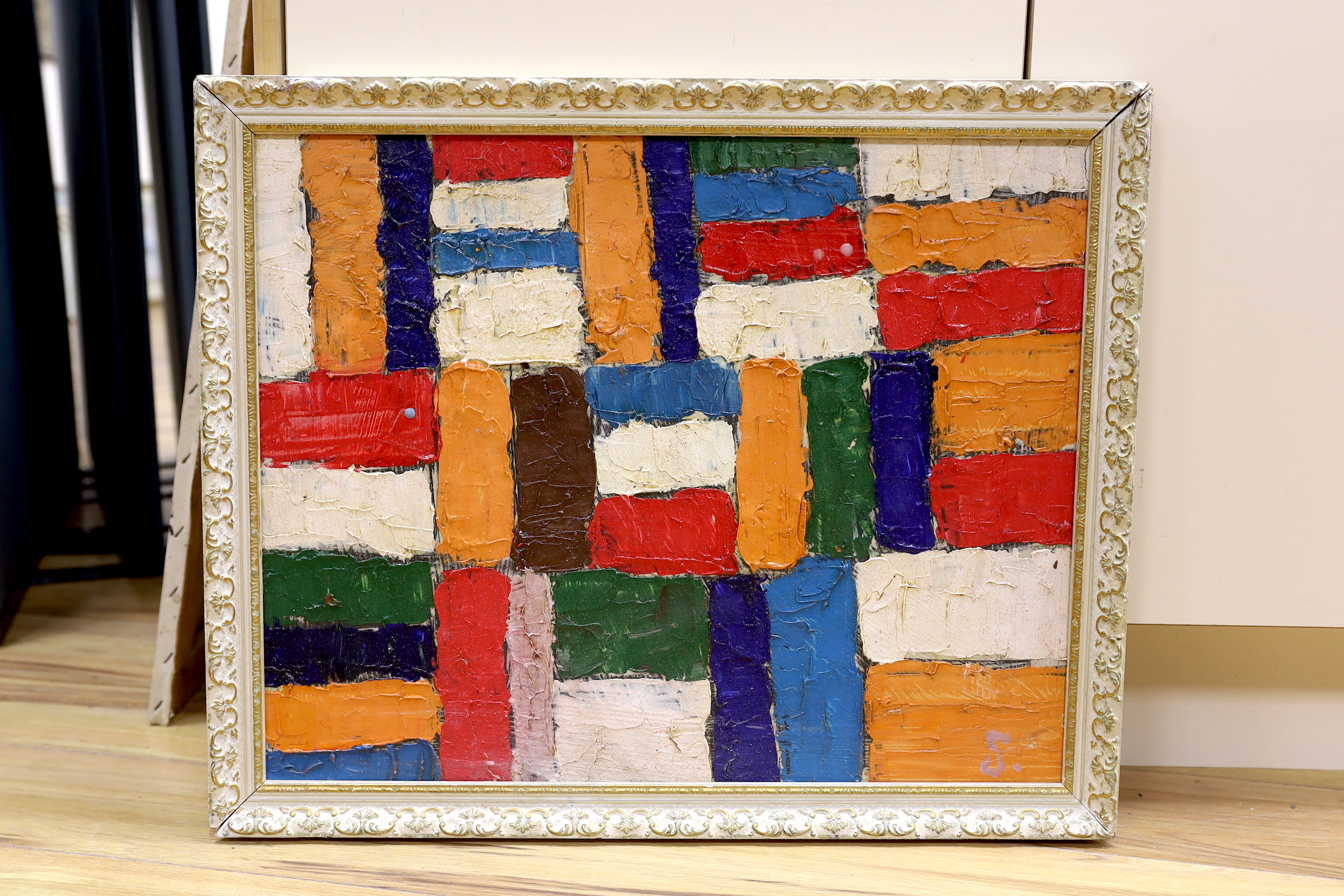 Manner of Sonia Delaunay (French, 1885-1979), impasto oil on board, Abstract composition, geometric shapes, 44 x 66cm